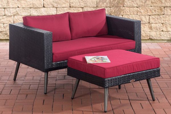 2er Sofa Molde mit Fußhocker Flachrattan 40 cm (Dunkelgrau) rubinrot schwarz