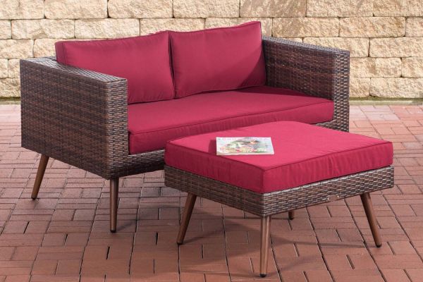 2er Sofa Molde mit Fußhocker Flachrattan  45 cm (Dunkelbraun) rubinrot braun-meliert