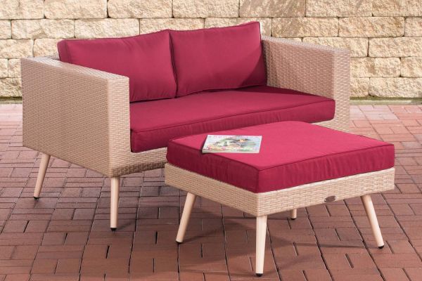 2er Sofa Molde mit Fußhocker Flachrattan 45 cm (Hellbraun) rubinrot sand