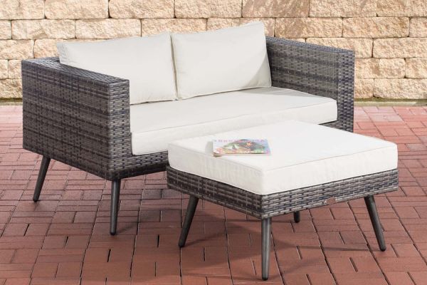 2er Sofa Molde mit Fußhocker Flachrattan cremeweiß 40 cm (Dunkelgrau) grau-meliert