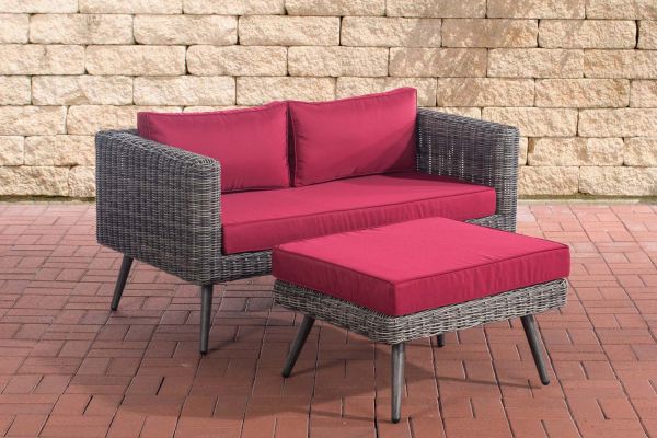 2er Sofa Molde mit Fußhocker Rundrattan rubinrot 40 cm (Dunkelgrau) grau-meliert