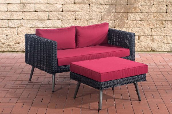 2er Sofa Molde mit Fußhocker Rundrattan  rubinrot 40 cm (Dunkelgrau) schwarz