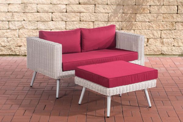 2er Sofa Molde mit Fußhocker Rundrattan rubinrot 40 cm (Hellgrau) perlweiß