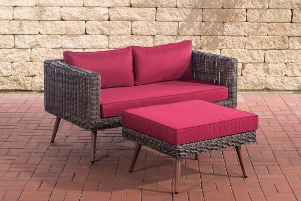 2er Sofa Molde mit Fußhocker Rundrattan rubinrot 45 cm (Dunkelbraun) braun-meliert
