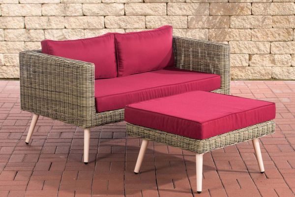 2er Sofa Molde mit Fußhocker Rundrattan rubinrot 45 cm (Hellbraun) natura